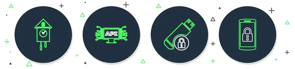 Set line Computer api interface USB flash drive with lock Retro wall watch an Illustrazione stock