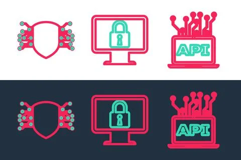 Set line Computer api interface, Cyber security and Lock on monitor icon. V.. 스톡 일러스트