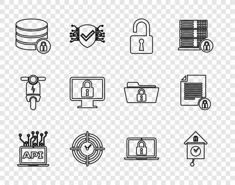 Set line Computer api interface, Retro wall watch, Open padlock, Time Manag.. 스톡 일러스트