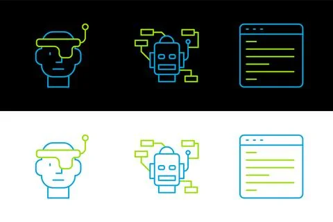 Set line Computer api interface, Smart glasses and Robot icon. Vector Stockillustratie