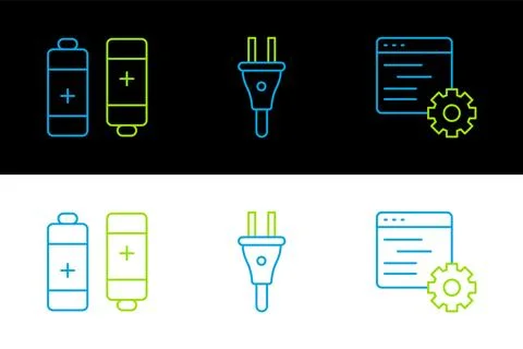 Set line Computer api interface, Battery and Electric plug icon. Vector Stock Illustration