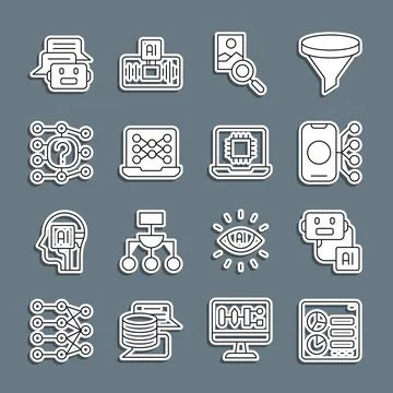Set line Computer api interface, Artificial intelligence robot, Neural netw.. 스톡 일러스트