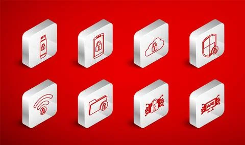 Set line Computer api interface, Smartphone with lock, Cloud computing, Shi.. Stock Illustration