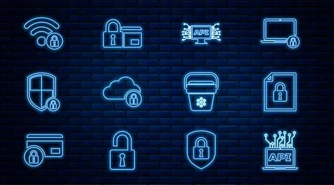 Set line Computer api interface, Document and lock, Cloud computing, Shield.. Stock Illustration