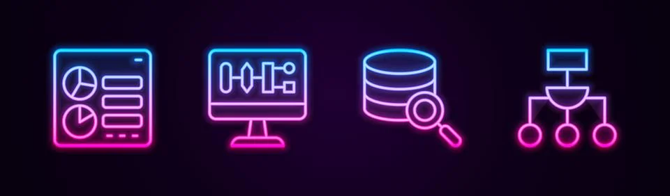 Set line Computer api interface, Algorithm, Server and . Glowing neon icon... Stock Illustration