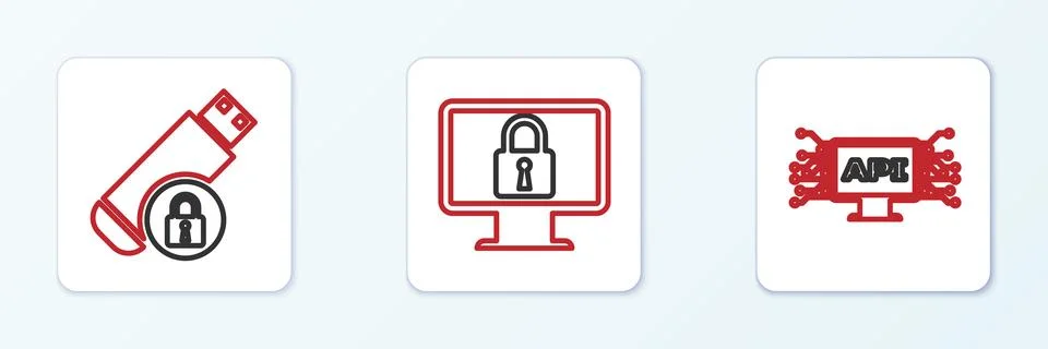 Set line Computer api interface, USB flash drive with lock and Lock on moni.. Stock Illustration