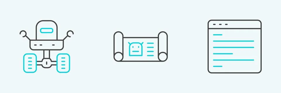 Set line Computer api interface, Mars rover and Robot blueprint icon. Vector 스톡 일러스트