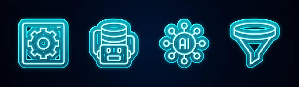Set line Computer api interface, Artificial intelligence robot, Neural netw.. Stock Illustration