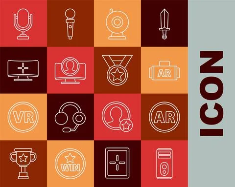 Set line Computer, Ar, augmented reality, Web camera, Create account screen Illustrazione stock