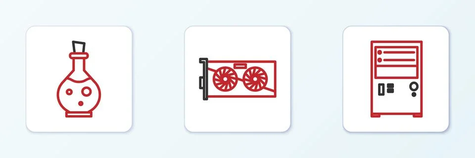 Set line Computer, Bottle with magic elixir and Video graphic card icon. Vect Illustrazione stock
