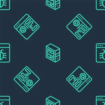 Set line Computer, Browser setting and System bug on seamless pattern. Vector Stock Illustration