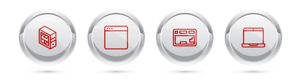 Set line Computer, Browser window, Keyboard and Laptop. Silver circle button Illustrazione stock