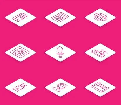 Set line Computer, Calculator, School backpack, Insects in frame, Sword for.. Stock-Illustration