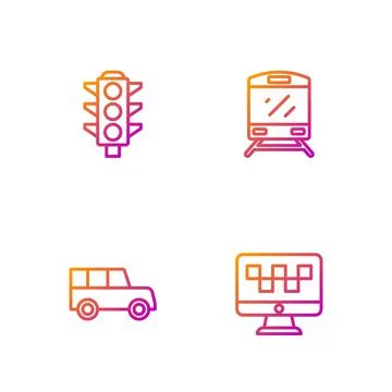 Set line Computer call taxi service, Car, Traffic light and Train. Gradient Illustrazione stock