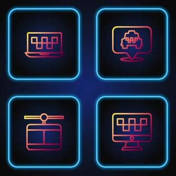 Set line Computer call taxi service, Cable car, Laptop and Location with Stock Illustration