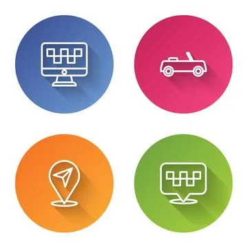 Set line Computer call taxi service, Car, Location and with. Color circle button Illustrazione stock