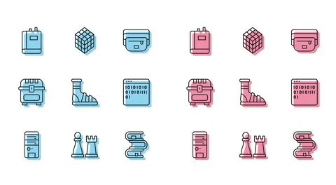 Set line Computer, Chess, Book, Slippers with socks, Binary code, Antique Stock Illustration