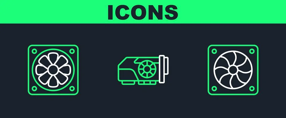 Set line Computer cooler, and Video graphic card icon. Vector Stock Illustration