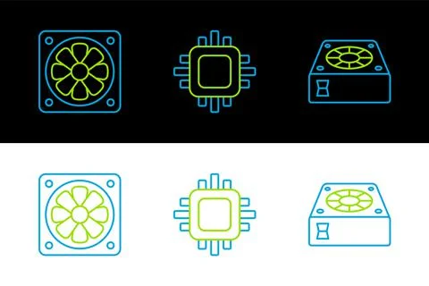 Set line Computer cooler,  and Processor with CPU icon. Vector 스톡 일러스트