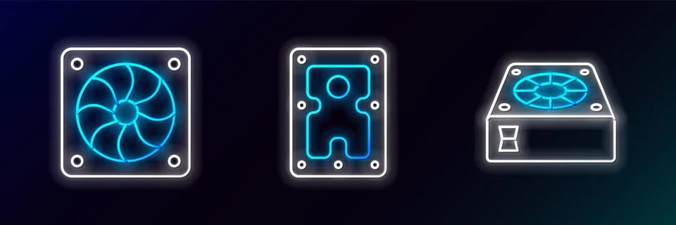 Set line Computer cooler,  and Hard disk drive HDD icon. Glowing neon. Vector Stockillustratie