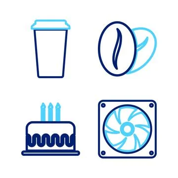 Set line Computer cooler, Cake with burning candles, Coffee beans and cup icon Illustrazione stock