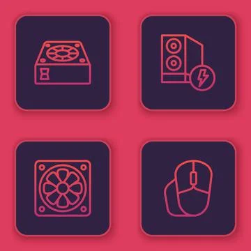 Set line Computer cooler, , Case of computer and mouse. Blue square button Stock Illustration