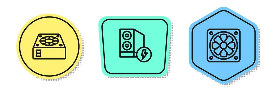 Set line Computer cooler, Case of computer and . Colored shapes. Vector 스톡 일러스트