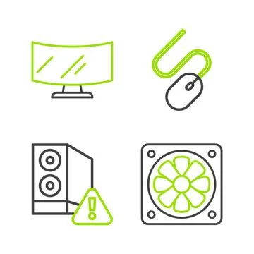 Set line Computer cooler, Case of computer, mouse and monitor screen icon. .. Stock Illustration