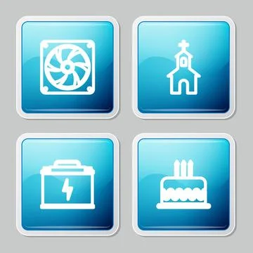 Set line Computer cooler, Church building, Car battery and Cake with burning Illustrazione stock