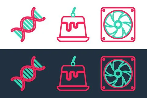 Set line Computer cooler, DNA symbol and Pudding custard icon. Vector Stock Illustration