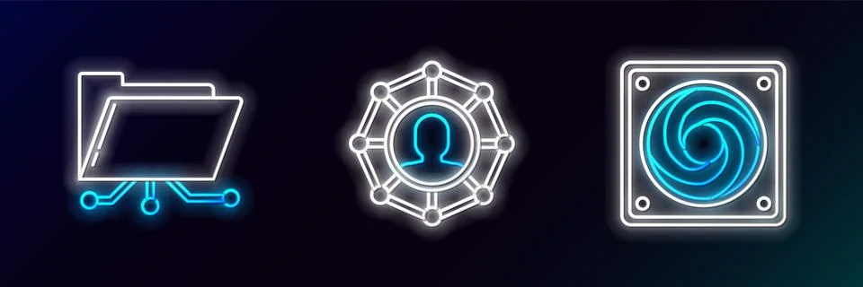 Set line Computer cooler, Folder and lock and Project team base icon. Glowing Stock Illustration