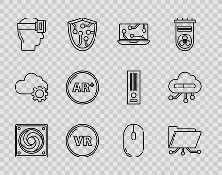 Set line Computer cooler, Folder and lock, Laptop, Virtual reality, glasses.. Stock Illustration