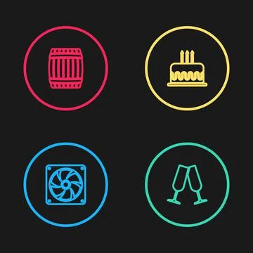 Set line Computer cooler, Glasses of champagne, Cake with burning candles and Illustrazione stock