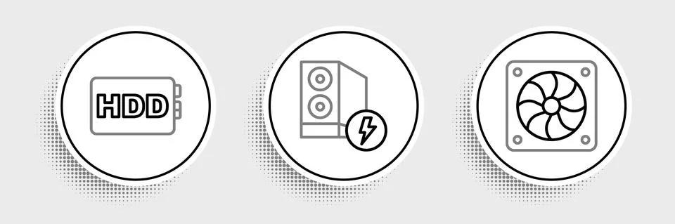 Set line Computer cooler, Hard disk drive HDD and Case of computer icon. Vector Illustrazione stock