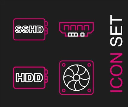 Set line Computer cooler, Hard disk drive HDD, RAM, random access memory and Illustrazione stock