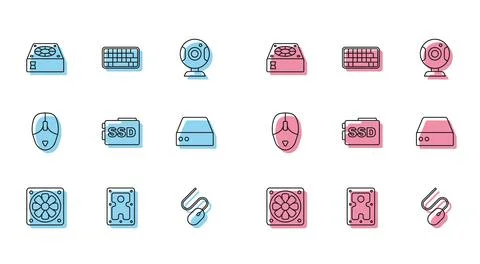 Set line Computer cooler, Hard disk drive HDD, mouse, SSD card, Server, Dat.. Stock Illustration