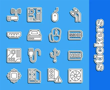 Set line Computer cooler, Hard disk drive HDD, SSHD card, mouse, Optical di.. Stock Illustration