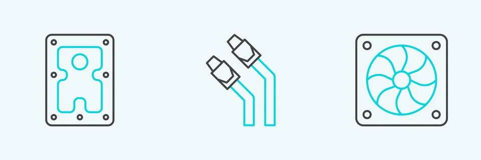 Set line Computer cooler, Hard disk drive HDD and LAN cable network interne.. Stock Illustration