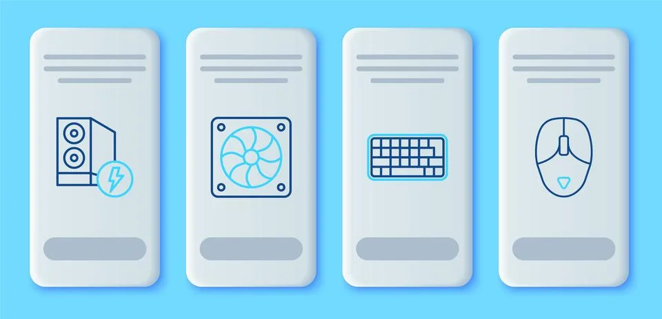 Set line Computer cooler, Keyboard, Case of computer and mouse icon. Vector Stock Illustration