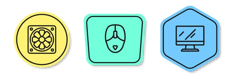 Set line Computer cooler, mouse and monitor screen. Colored shapes. Vector 스톡 일러스트