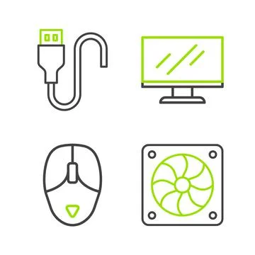 Set line Computer cooler, mouse, monitor screen and USB cable cord icon. Vector Stock Illustration