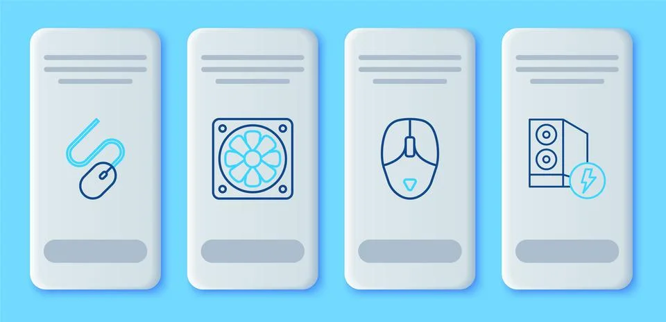 Set line Computer cooler, mouse,  and Case of computer icon. Vector Illustrazione stock