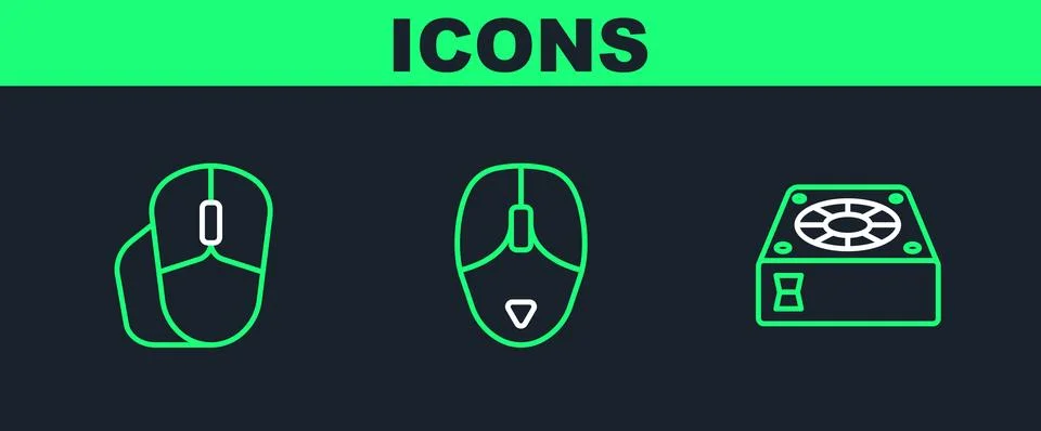 Set line Computer cooler, mouse and icon. Vector Stock Illustration