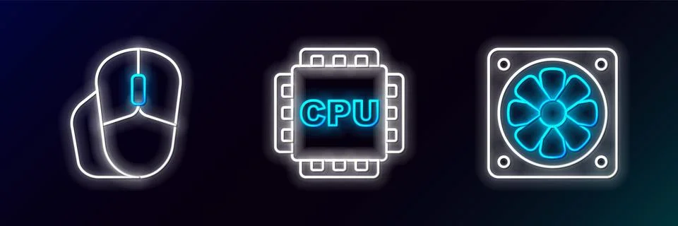 Set line Computer cooler, mouse and Processor with CPU icon. Glowing neon. .. Stock Illustration
