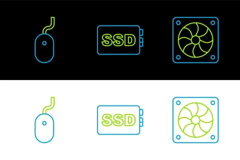 Set line Computer cooler, mouse and SSD card icon. Vector Stock Illustration