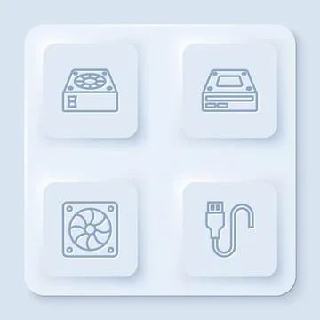 Set line Computer cooler, Optical disc drive, and USB cable cord. White square イラスト素材