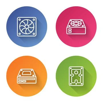 Set line Computer cooler, , Optical disc drive and Hard disk HDD. Color circle Stockillustratie