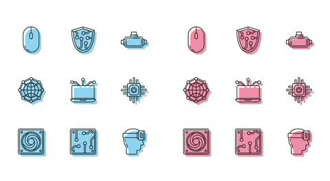 Set line Computer cooler, Processor, mouse, Virtual reality glasses, Laptop Illustrazione stock