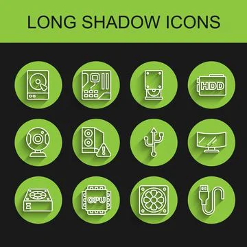 Set line Computer cooler, Processor with CPU, Hard disk drive HDD, USB cable 스톡 일러스트