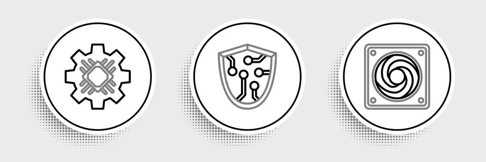 Set line Computer cooler, Processor and Cyber security icon. Vector Illustrazione stock